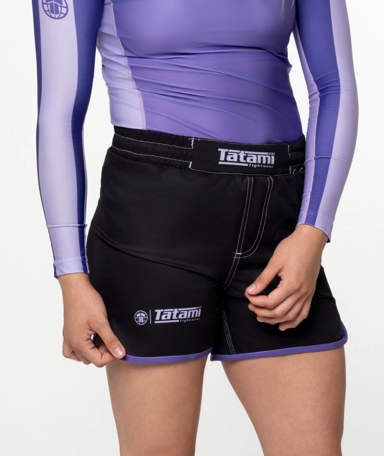 Ladies Contrast High Cut Shorts - Purple & Black - Image 2