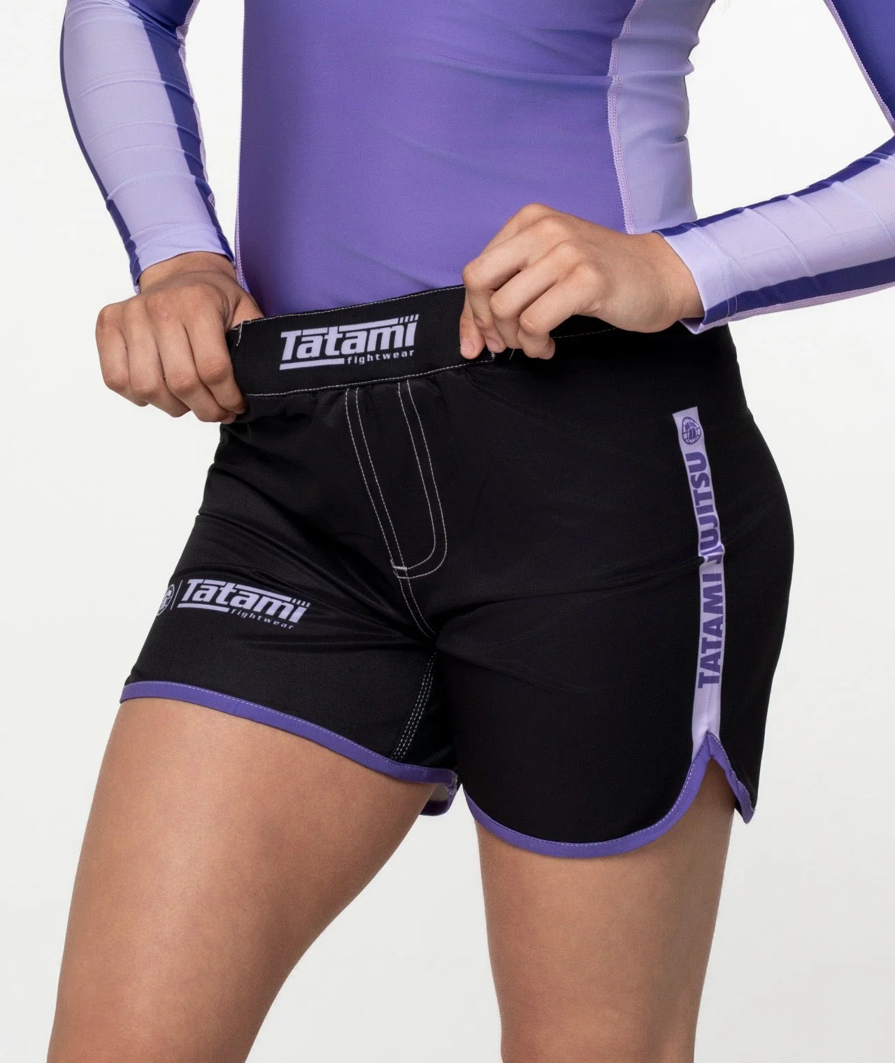 Ladies Contrast High Cut Shorts - Purple & Black - Image 6